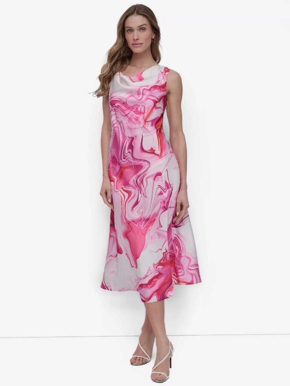 DKNY Women's Abstract-printed Cowlneck Sleeveless Midi Dress Azalea Multi
